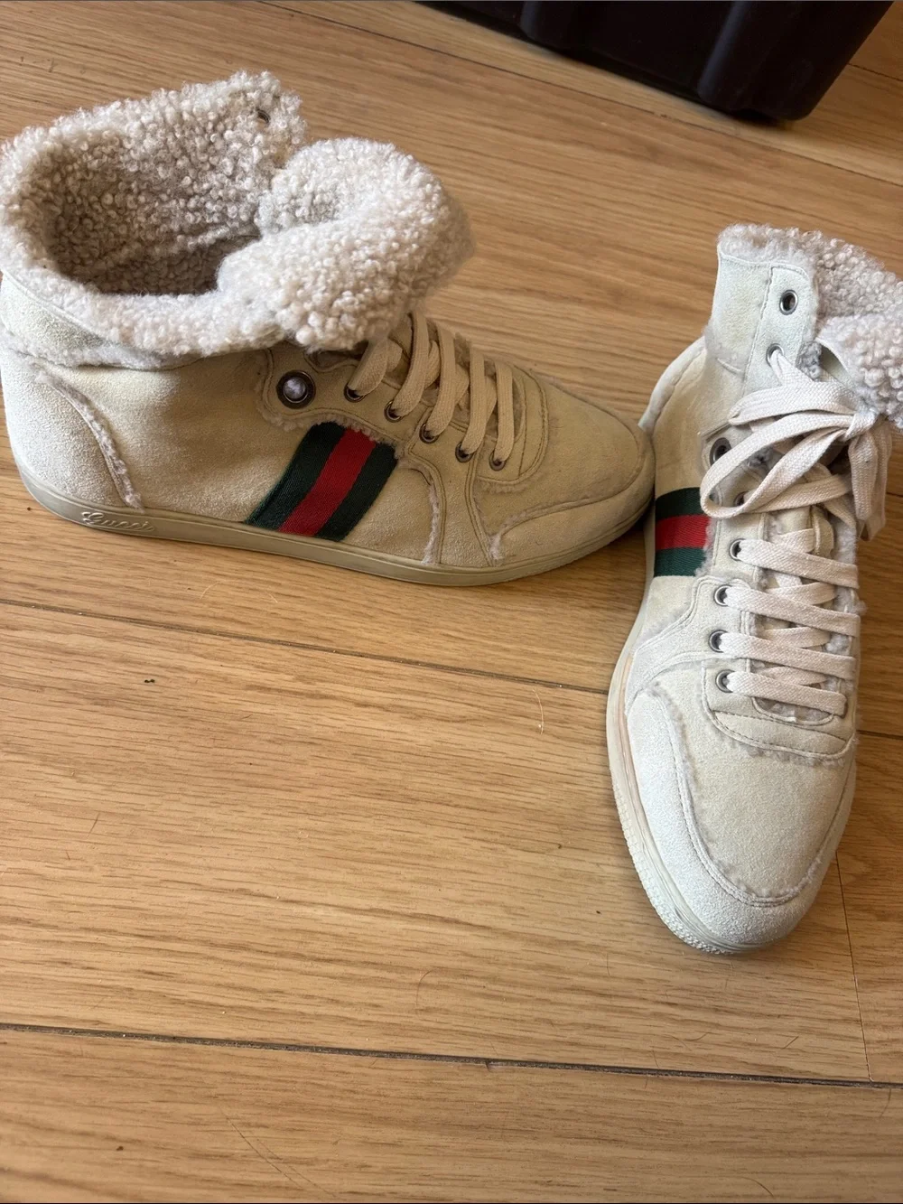 Gucci Cream Suede High-Top Sneakers with Green-Red Web Stripe